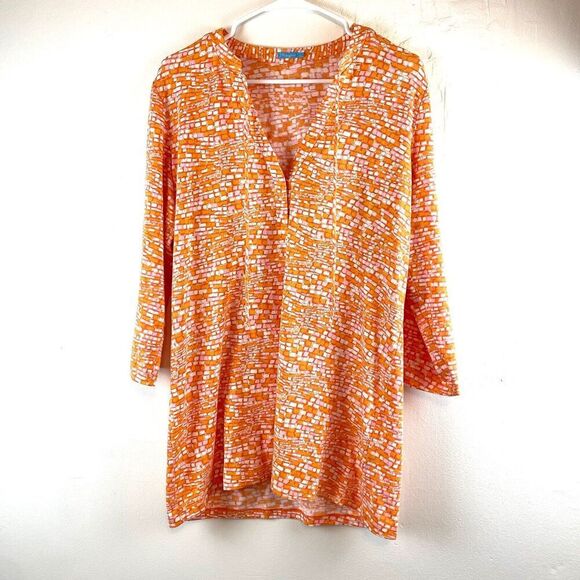 J McLaughlin Tunic Top Orange White Geometric Cotton Sz L Pullover V Neck Beach - Picture 1 of 9
